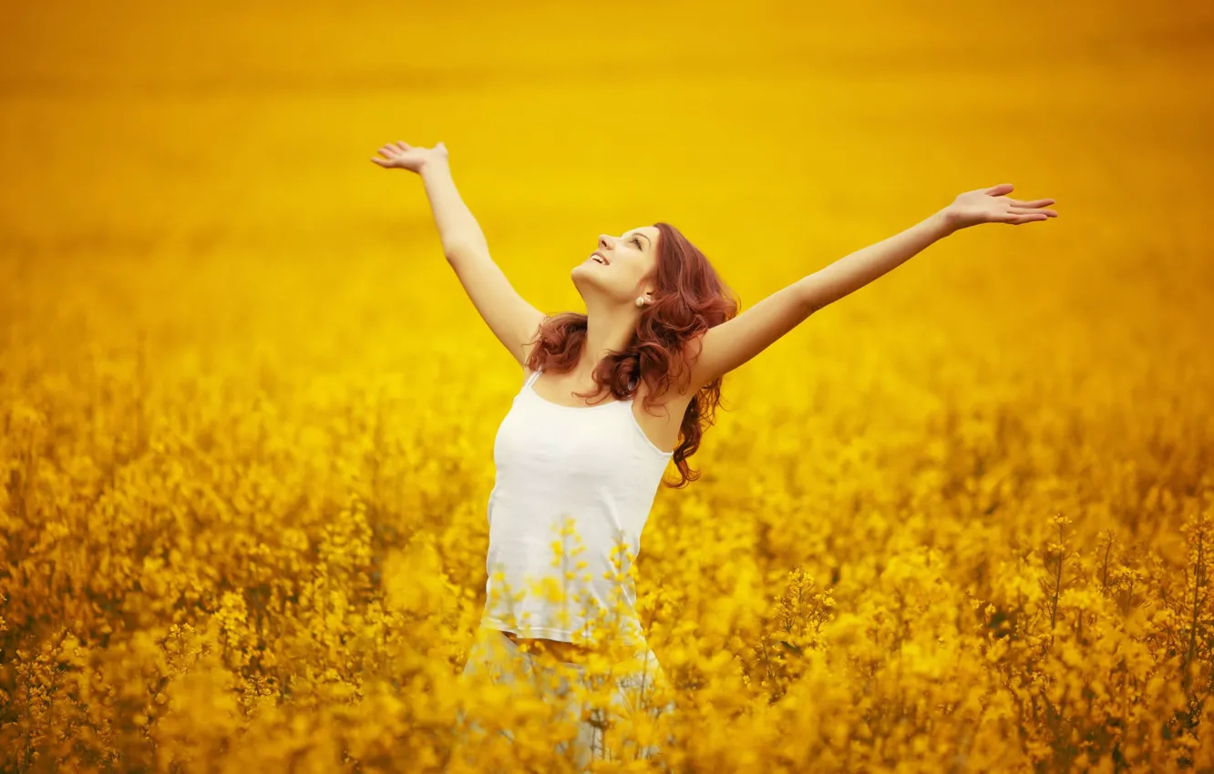 Photo wallpaper field, freedom, girl, flowers, nature, smile, background, widescreen