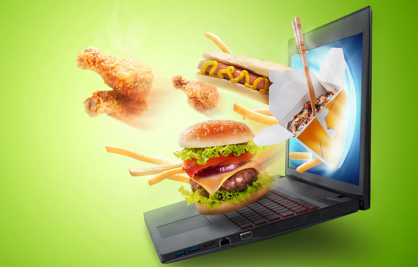 Photo wallpaper background, food, laptop, screen, hamburger, hot dog, fast food