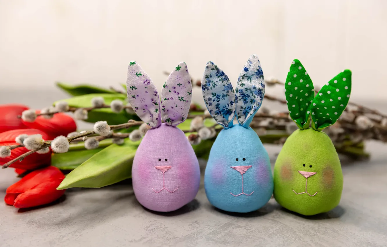 Photo wallpaper flowers, branches, red, table, holiday, toy, eggs, bouquet