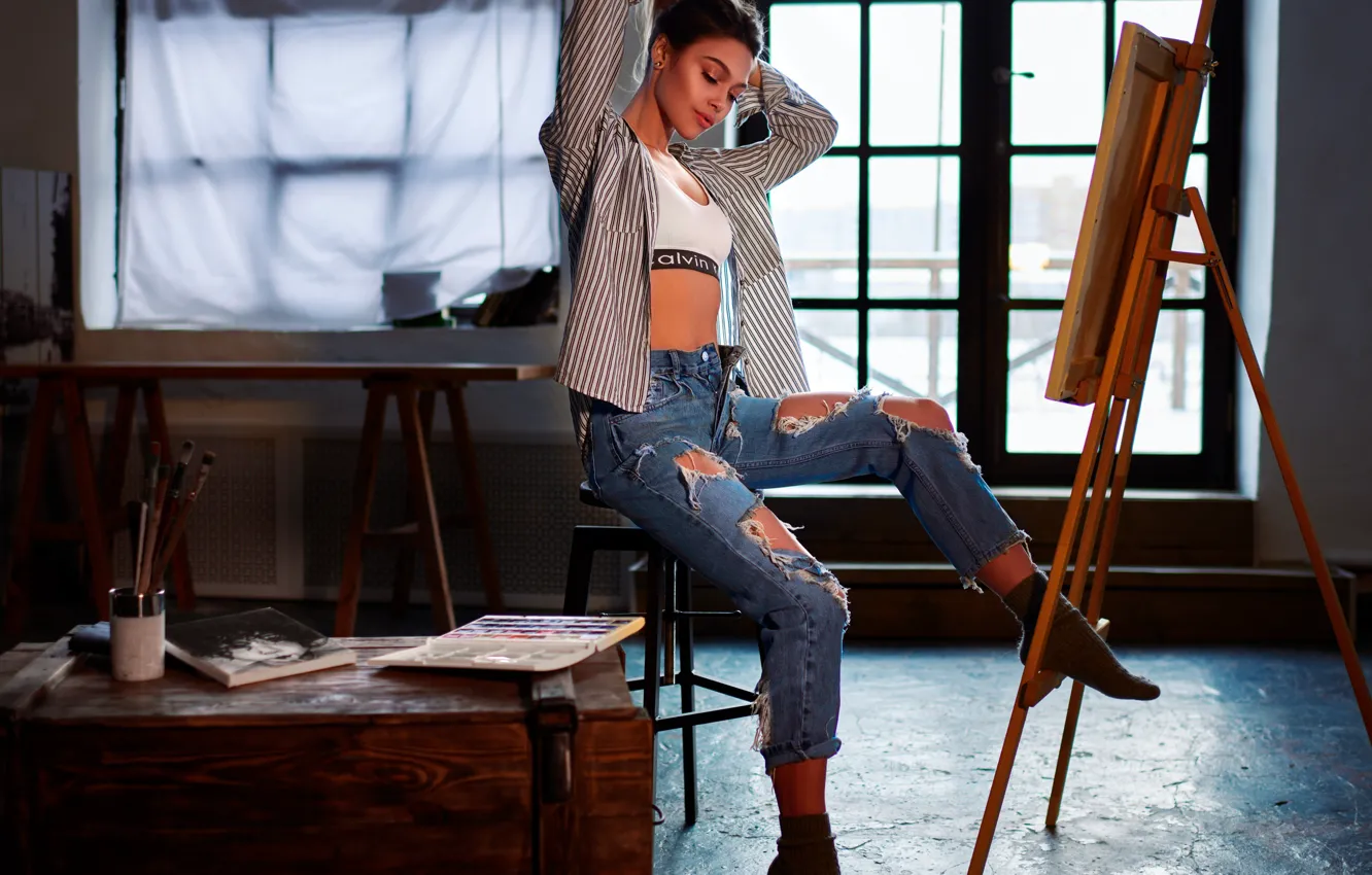 Photo wallpaper girl, pose, jeans, topic, easel, torn, Sergey Olszewski, Anastasia Lukina