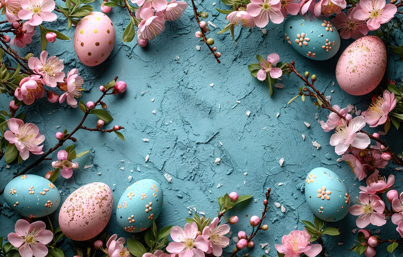 Photo wallpaper flowers, eggs, spring, colorful, Easter, pink, blossom, flowers