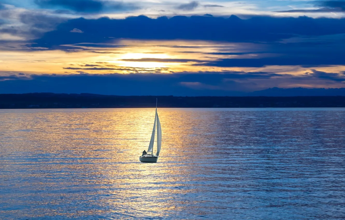 Photo wallpaper sunset, lake, boat, the evening, sail