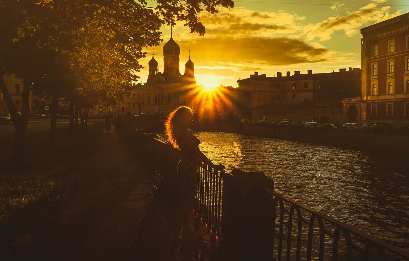 Photo wallpaper girl, Church, Eduard Gordeev, sunset on the Griboyedov Canal