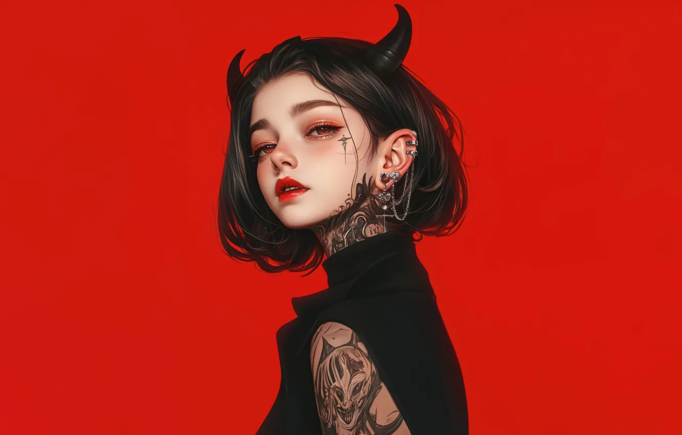 Photo wallpaper demon, girl, devil, anime, tattoo, black hair, red background, horn