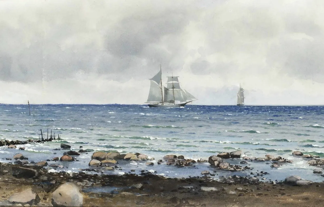 Photo wallpaper sea, wave, landscape, stones, shore, coast, ship, sailboat