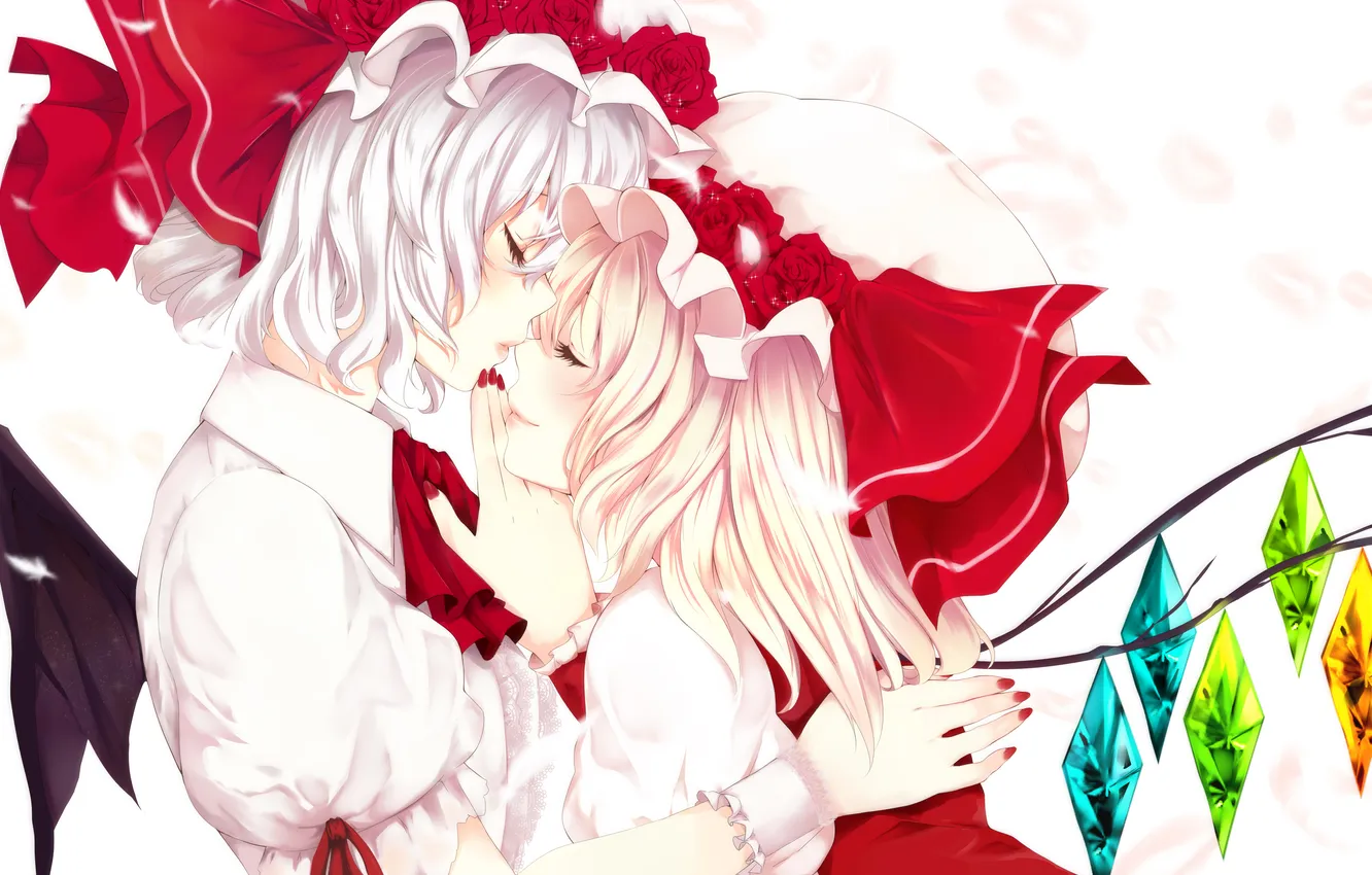 Photo wallpaper flowers, girls, roses, wings, anime, petals, art, crystals