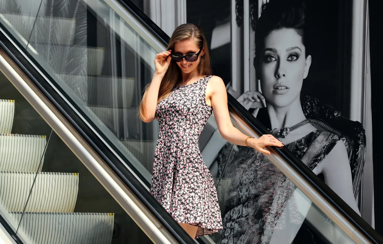 Photo wallpaper girl, face, smile, dress, glasses, escalator