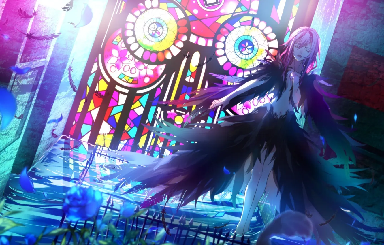 Photo wallpaper water, flowers, feathers, open mouth, guilty crown, pink hair, inori yuzuriha, closed eyes