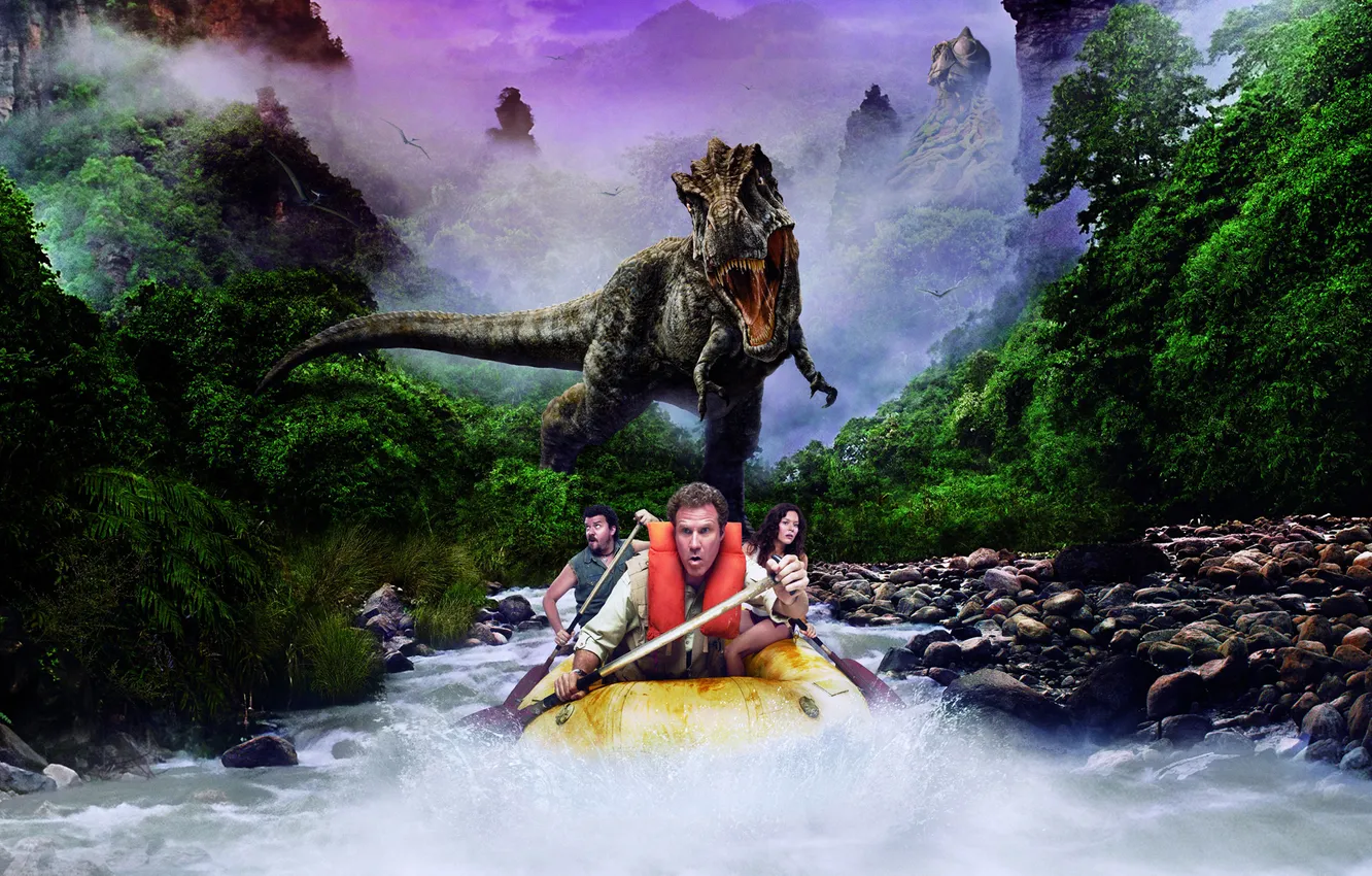 Photo wallpaper river, dinosaur, jungle, Anna Friel, Will Ferrell, Danny McBride, The lost world, Land of the …