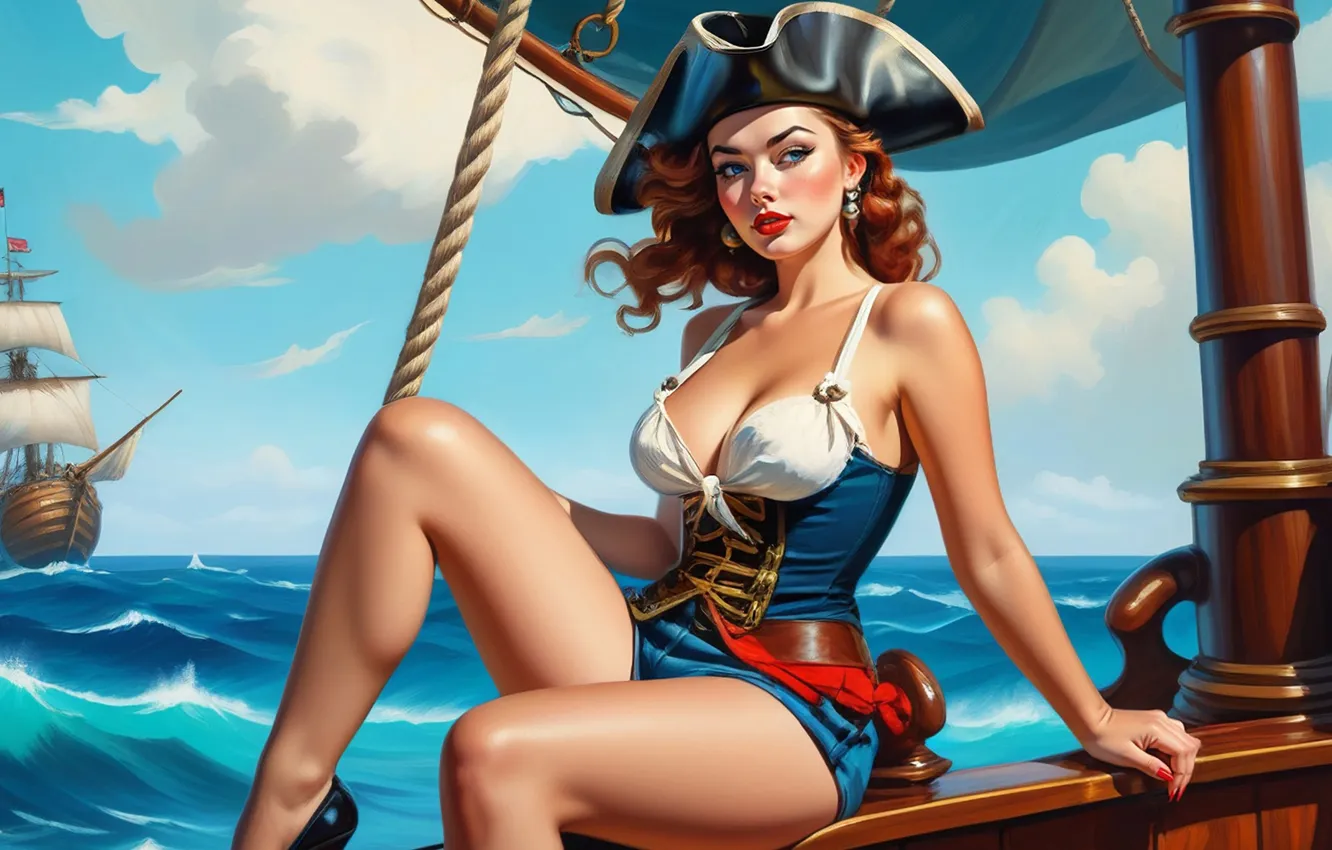 Photo wallpaper sea, girl, red, pirates