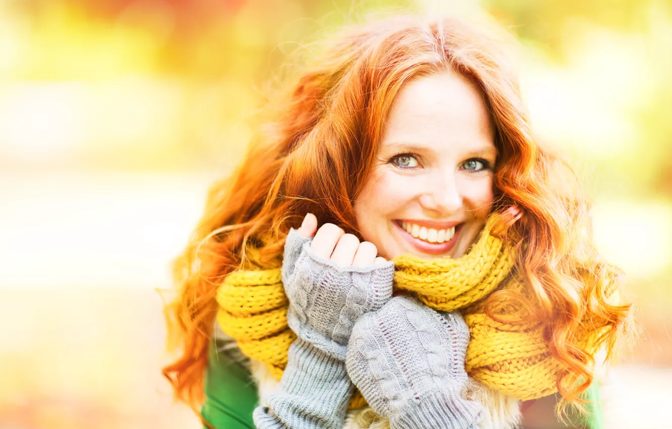 Photo wallpaper autumn, girl, smile, background, mood, scarf, hairstyle, red