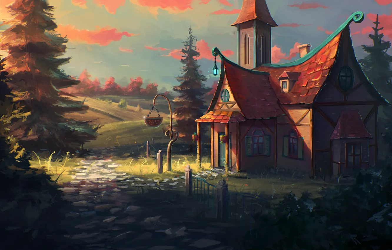 Photo wallpaper road, field, forest, the sky, clouds, home, art, sign