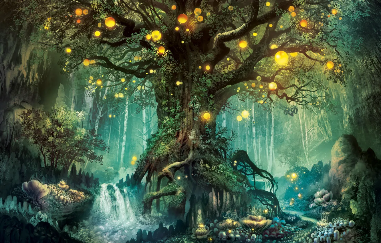 Photo wallpaper forest, trees, fantasy, fantasy world