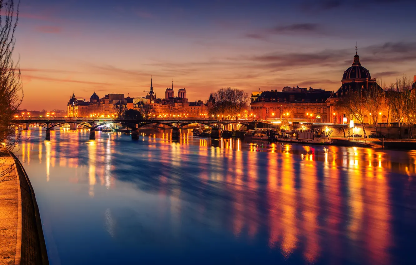 Photo wallpaper the sky, trees, night, bridge, lights, river, France, Paris