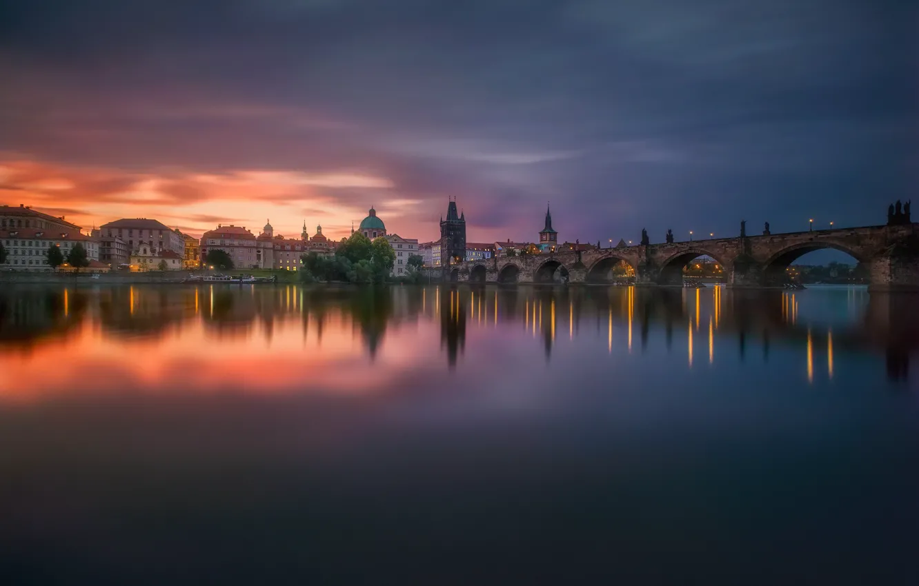 Photo wallpaper bridge, the city, lights, surface, river, the evening, morning, Prague