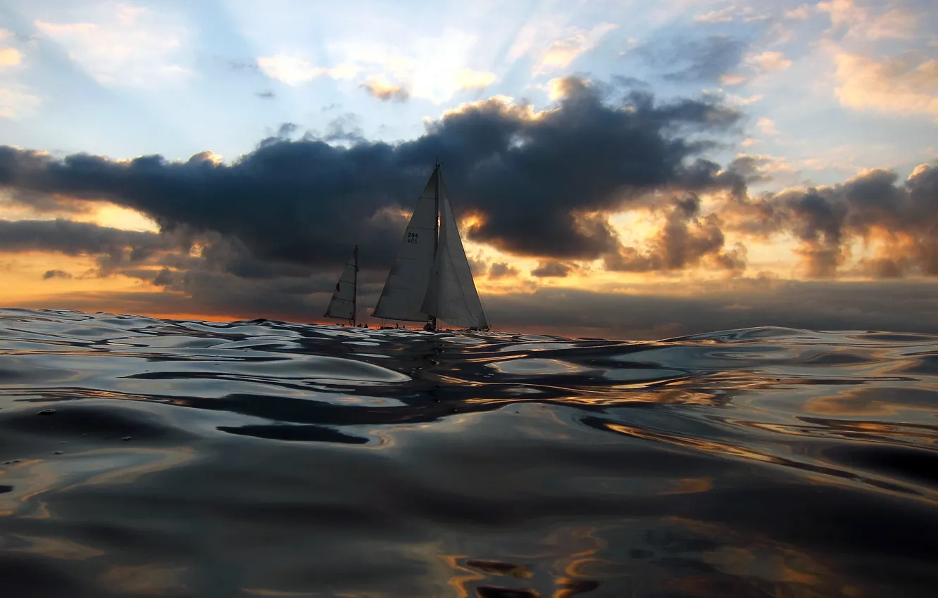 Photo wallpaper sea, wave, the sky, rays, sunset, clouds, sailboat, yacht