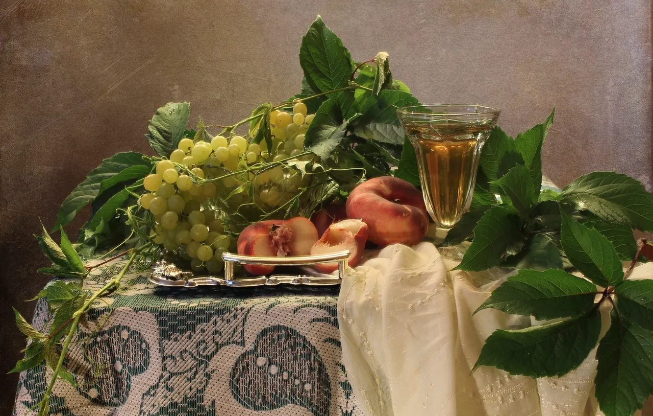 Photo wallpaper leaves, glass, wine, grapes, still life, peaches