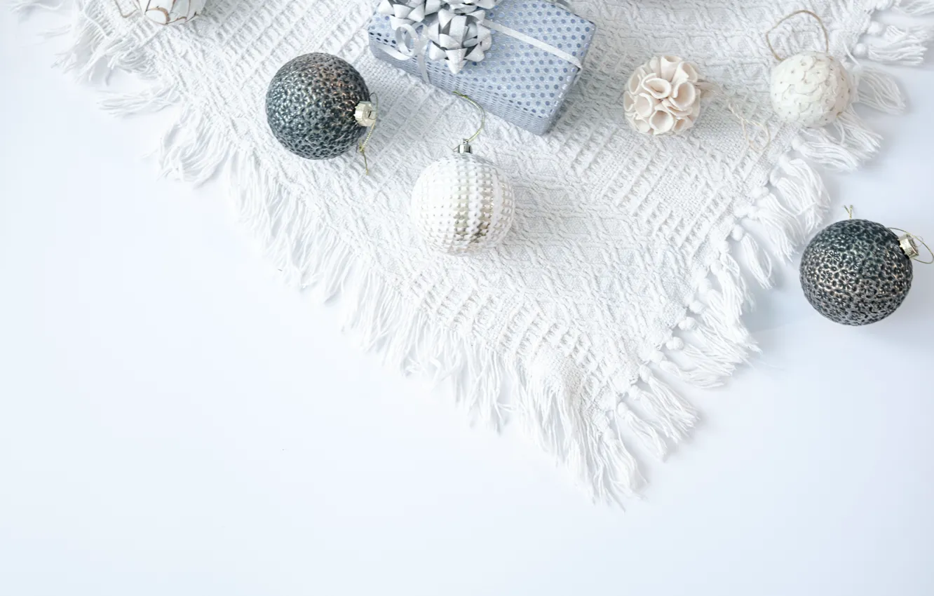 Photo wallpaper balls, gift, silver, new year, texture, Christmas, white background, napkin