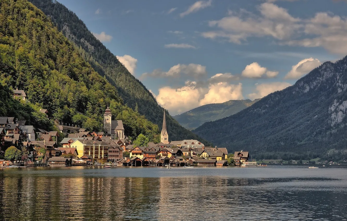 Photo wallpaper clouds, landscape, mountains, lake, tower, home, Austria, town