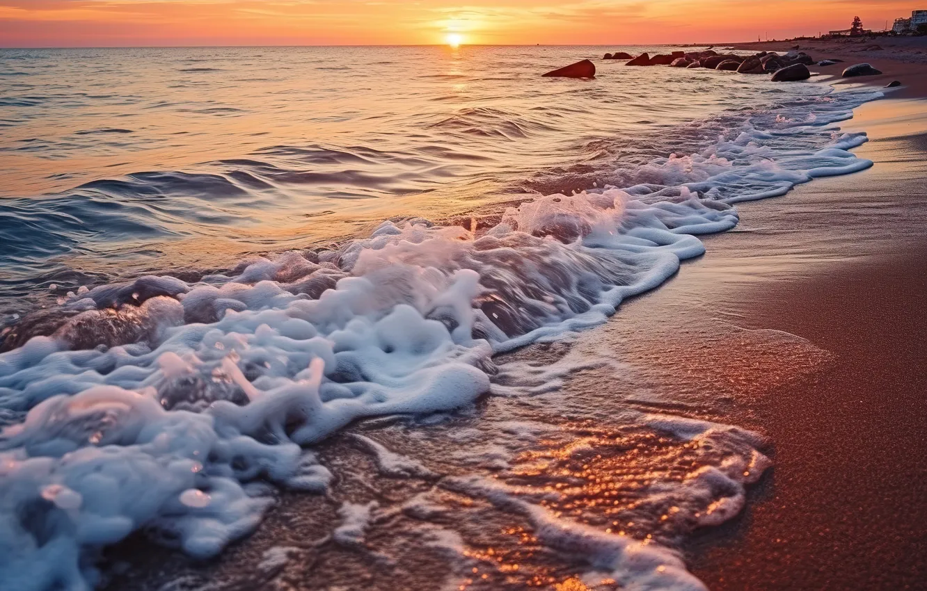 Photo wallpaper sand, sea, wave, beach, summer, the sky, sunset, shore