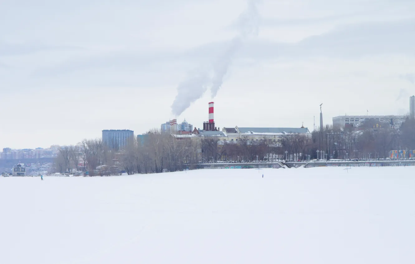 Photo wallpaper the sky, snow, river, building, home, spring, Russia, architecture