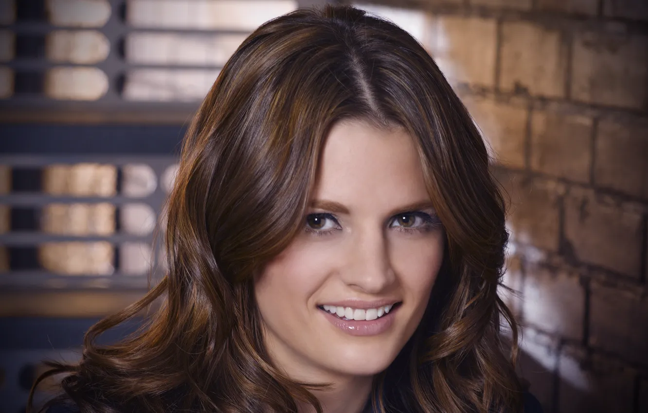 Photo wallpaper face, smile, actress, brunette, closeup, Stana Katic, Mill CATIC