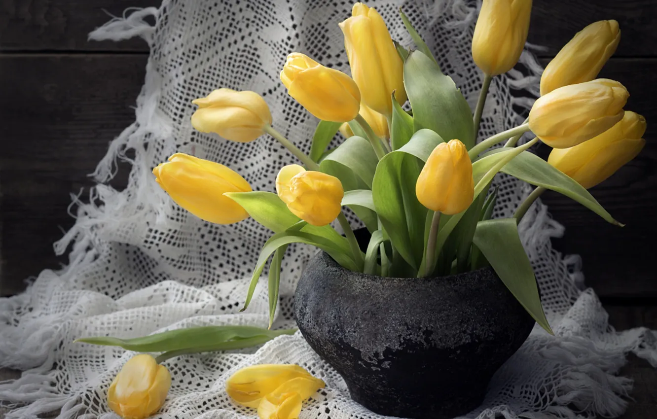 Photo wallpaper yellow, tulips, shawl