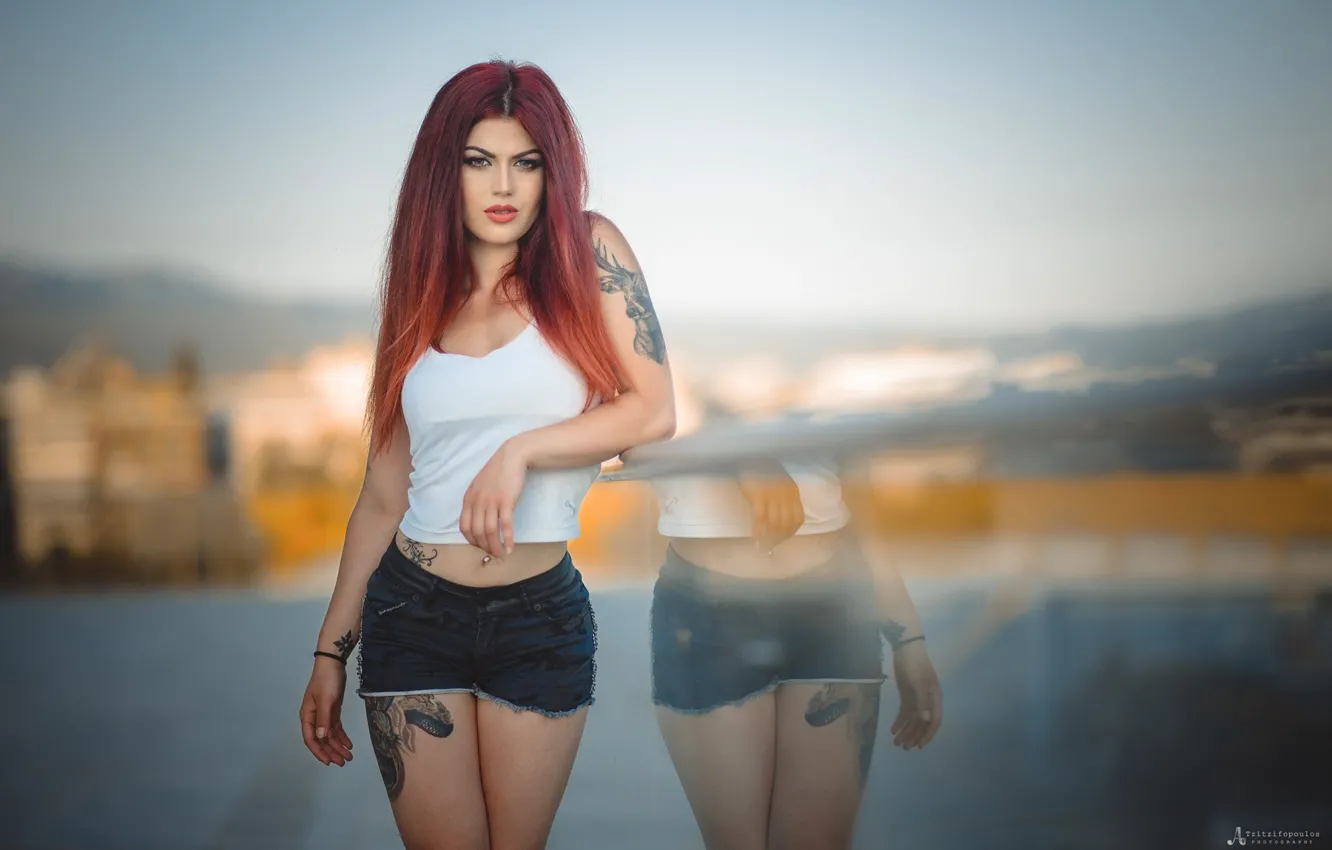 Photo wallpaper look, girl, landscape, sexy, reflection, background, model, shorts