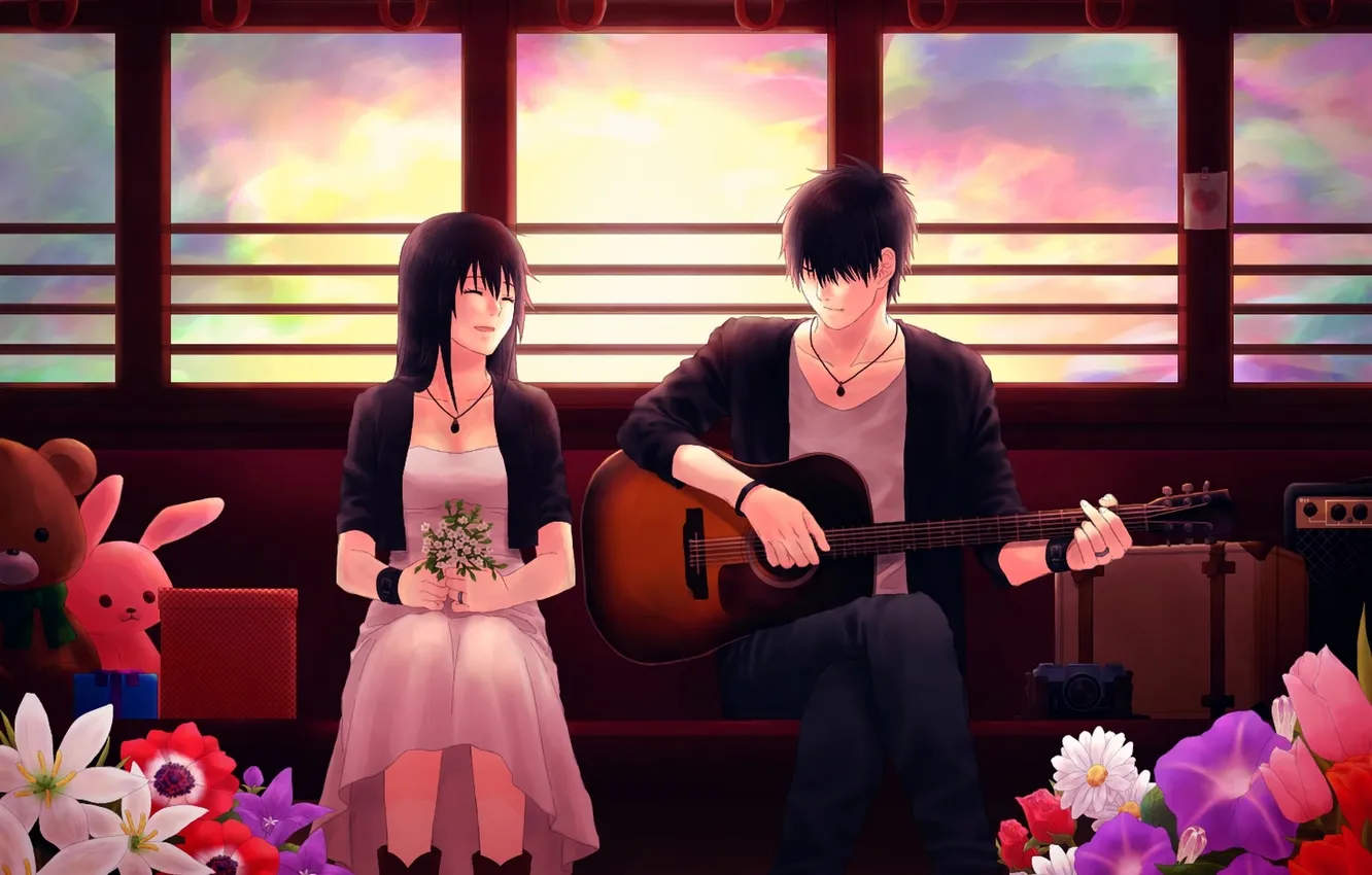 Photo wallpaper the sky, girl, clouds, flowers, toy, guitar, train, hare