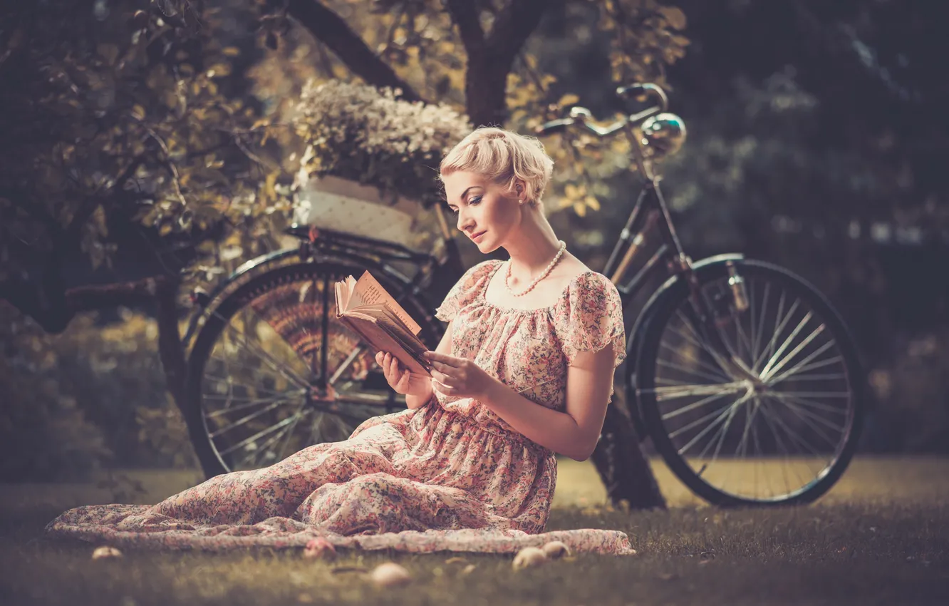 Photo wallpaper girl, trees, bike, retro, foliage, blonde, beads, book