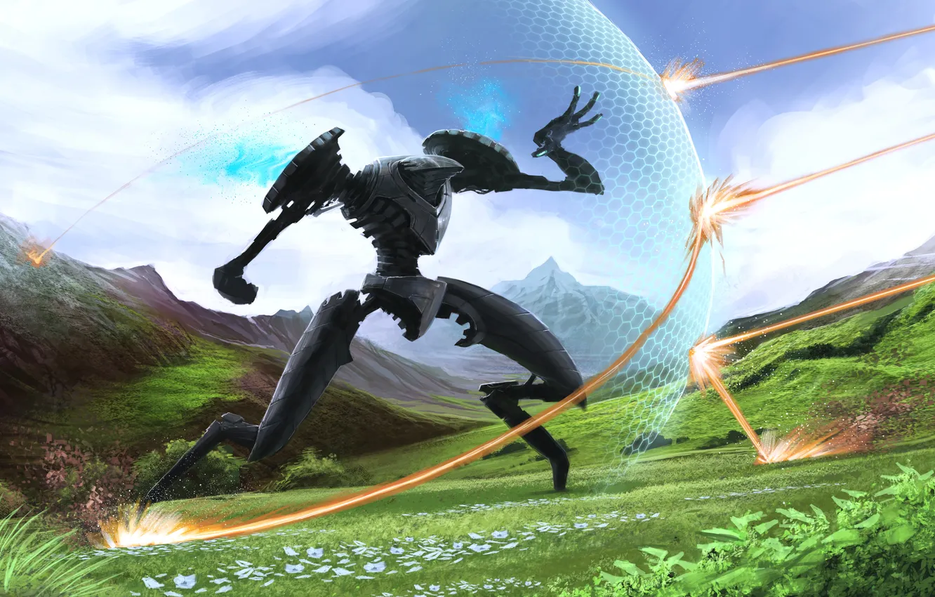 Photo wallpaper grass, flowers, mountains, robot, shot, shield, the protective field
