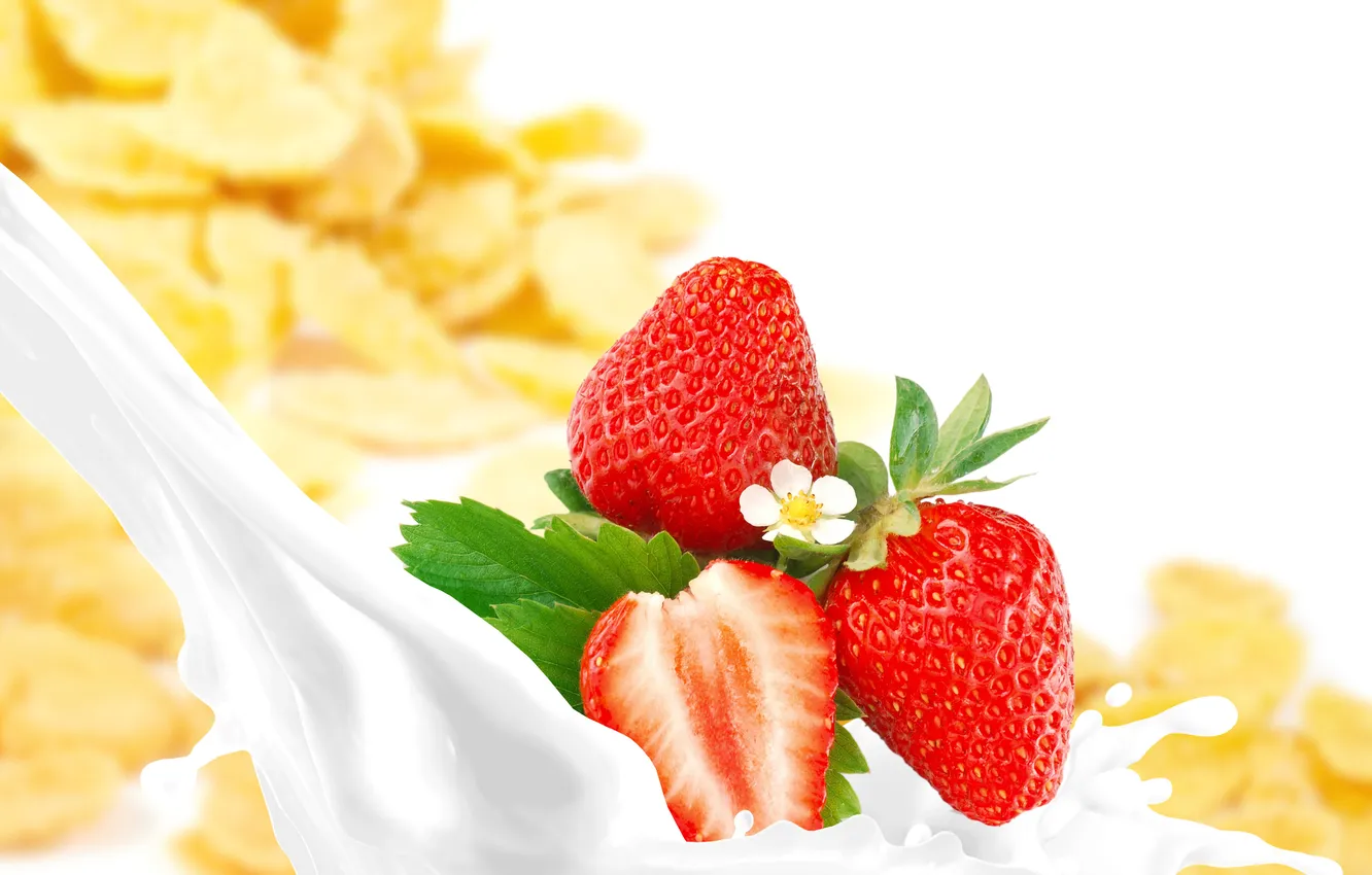 Photo wallpaper berries, milk, strawberry, cereal