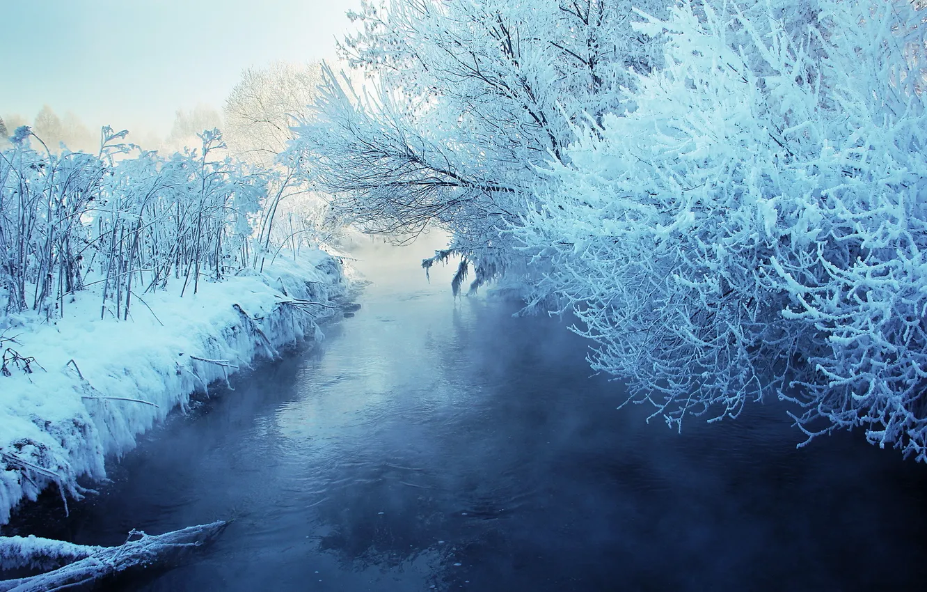 Photo wallpaper winter, snow, landscape, river
