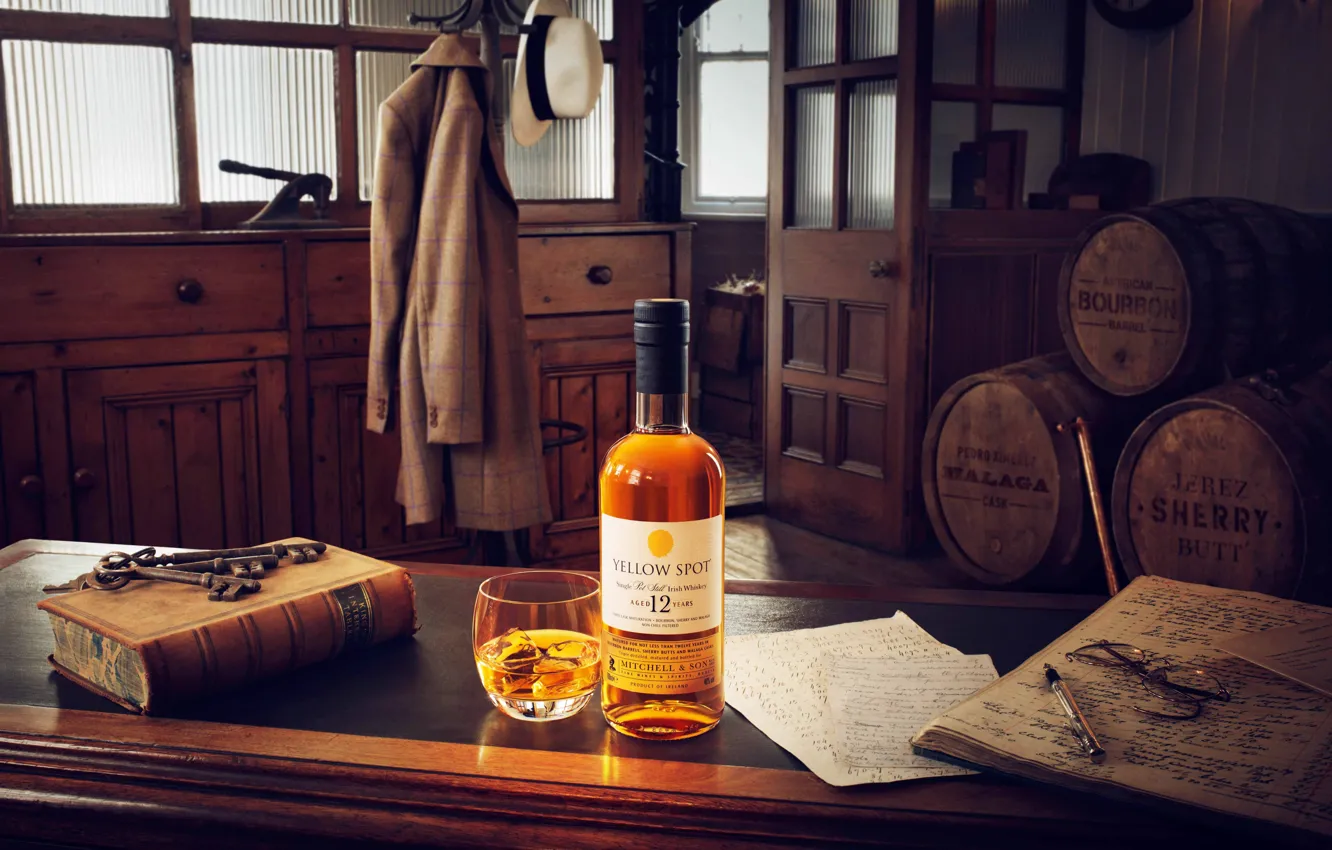 Photo wallpaper style, retro, table, room, book, a bottle of whiskey