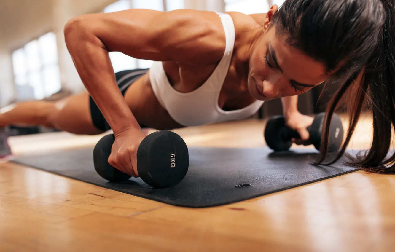 Photo wallpaper brunette, fitness, dumbbells, pushups