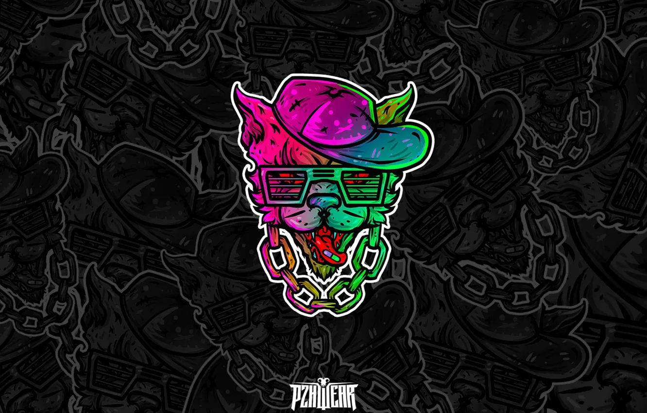 Photo wallpaper cat, minimalism, chain, pills, baseball cap, cat, collection, glasses