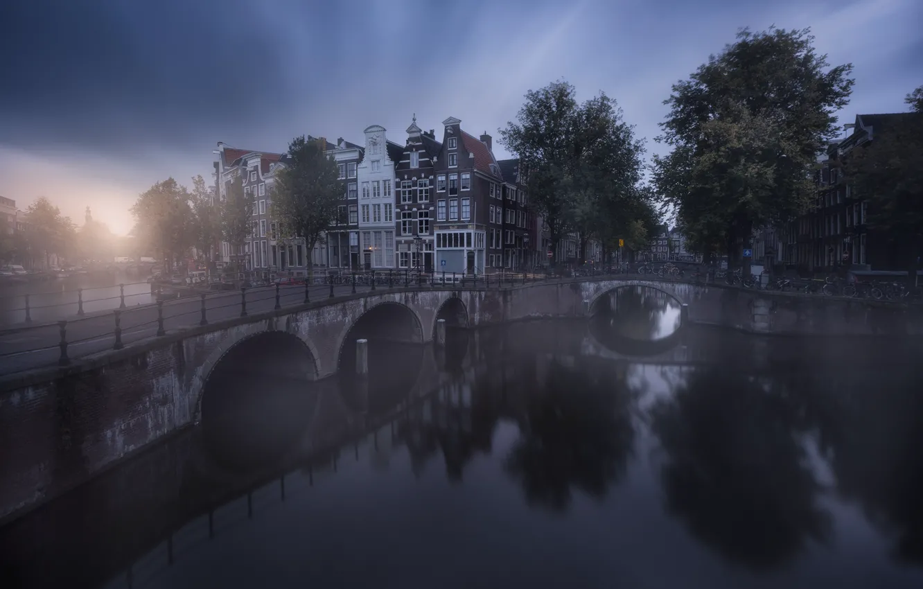 Photo wallpaper the city, Amsterdam, channel, haze, Netherlands, the bridge
