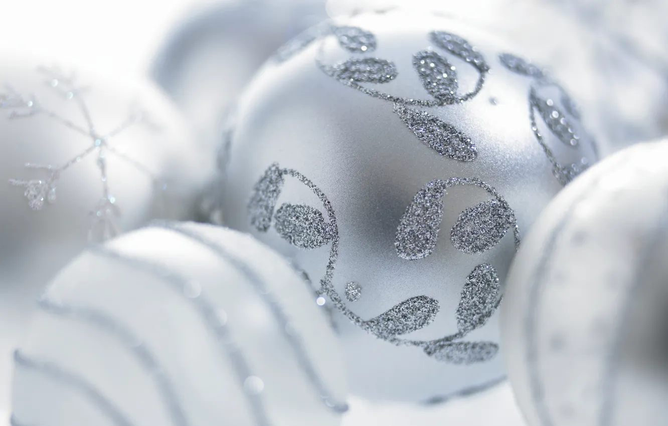Photo wallpaper frost, snowflakes, sprig, holiday, pattern, toy, new year, happy new year
