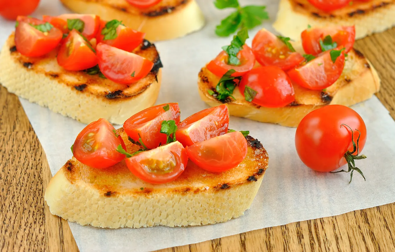 Photo wallpaper bread, sandwich, tomatoes, baguette, tomatoes, napkin, cherry