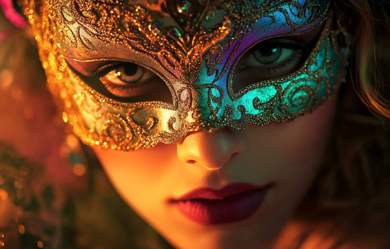 Photo wallpaper look, girl, light, face, patterns, mask, fantasy, carnival mask