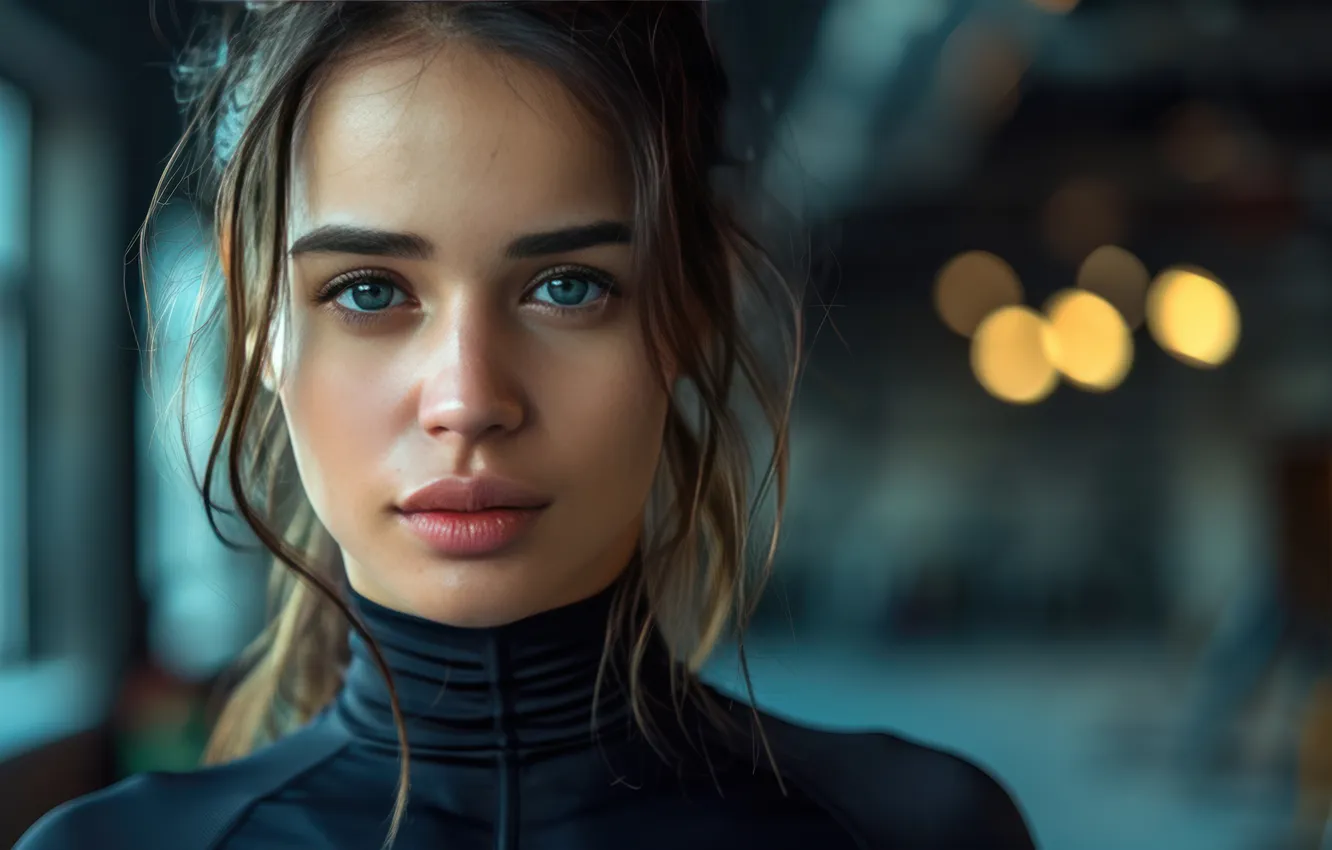 Photo wallpaper look, girl, pose, portrait, actress, blue background, young, in black