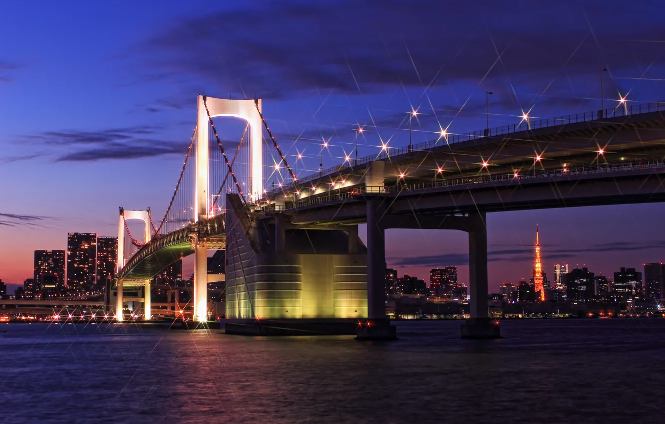 Photo wallpaper purple, the sky, clouds, sunset, blue, bridge, lights, building