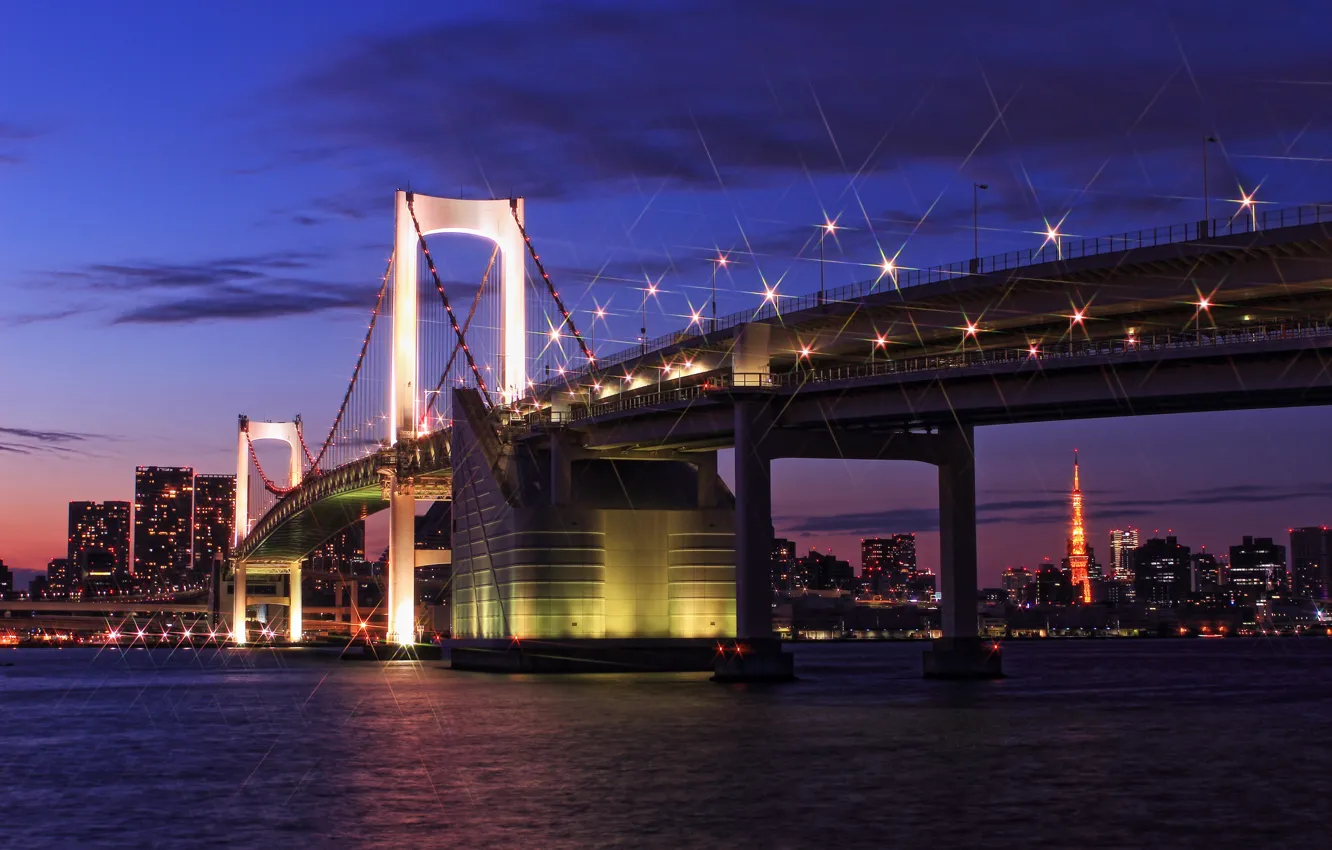 Photo wallpaper the sky, clouds, sunset, bridge, lights, building, tower, home