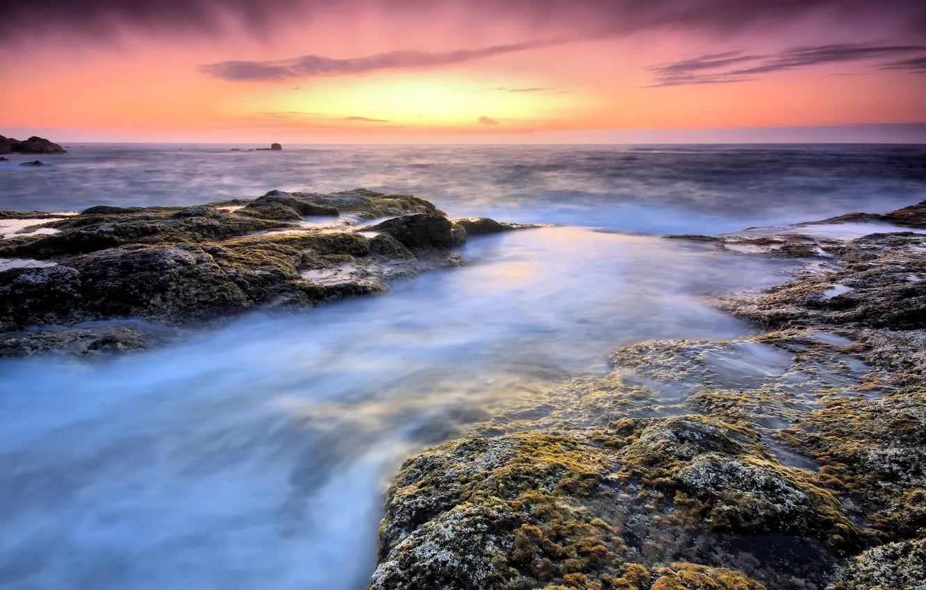 Photo wallpaper sea, sunset, shore, Stones
