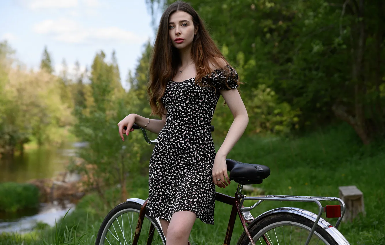 Photo wallpaper forest, girl, bike, dress