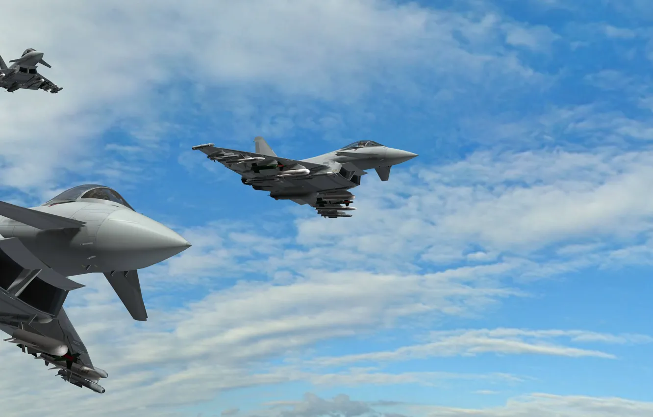 Photo wallpaper Clouds, Flight, Fighters, Military jet fighters, Military fighter jets
