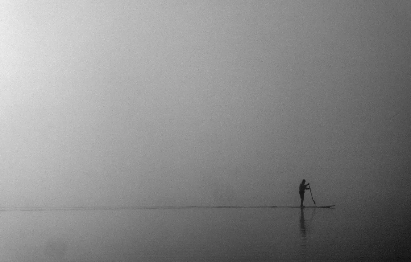 Photo wallpaper sea, fog, male, rowing, the stand-up paddle classes