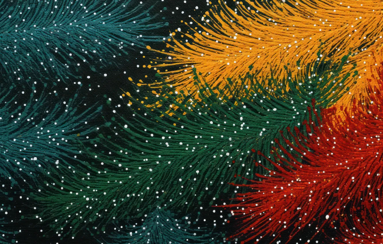 Photo wallpaper frost, snow, branches, yellow, red, green, sprig, new year