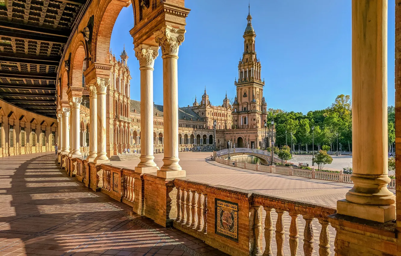 Photo wallpaper tower, area, columns, architecture, Spain, Spain, Seville, Plaza of Spain