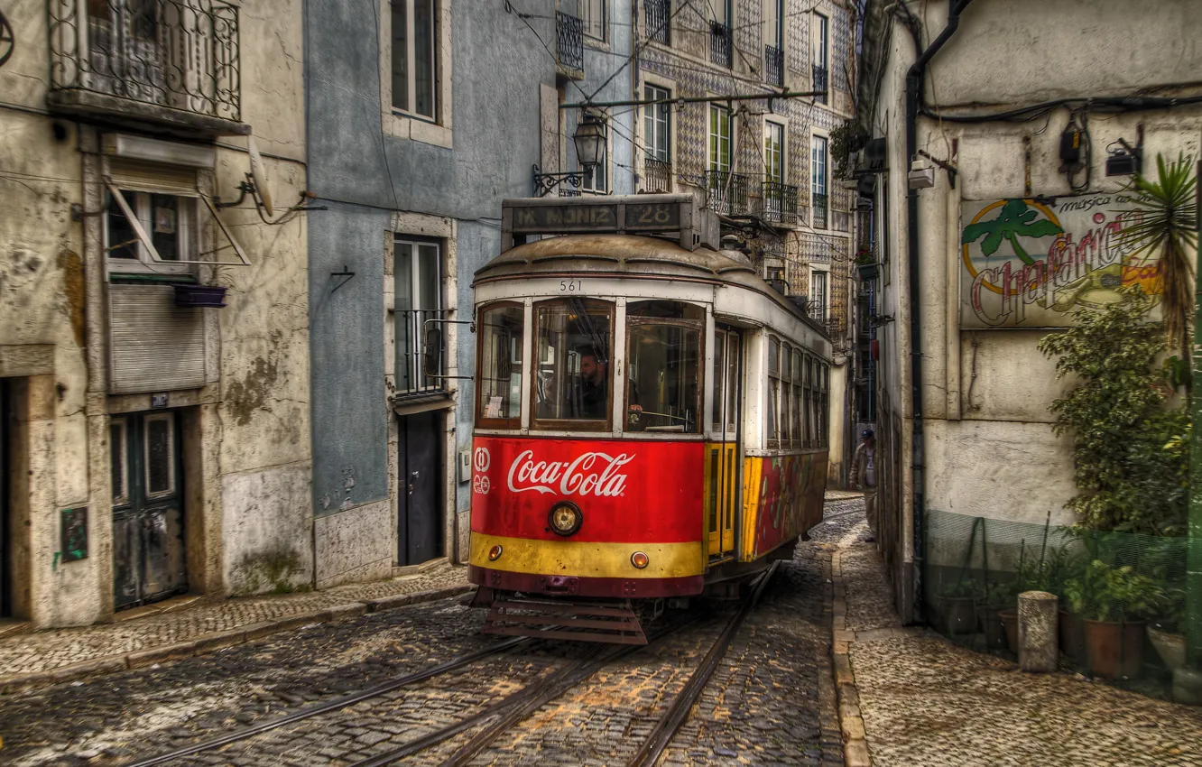 Photo wallpaper building, tram, track, Portugal, Coca-Cola, Lisbon, city